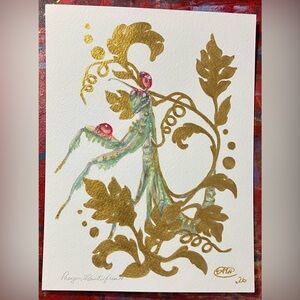 Original Praying Mantis Art Gold accents Embellishment Unique Insect Painting